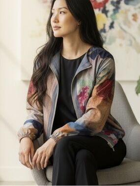 ARIS A. Vintage 90s Abstract Floral Silky Jacket – Kimono Sleeves – Size M NWT